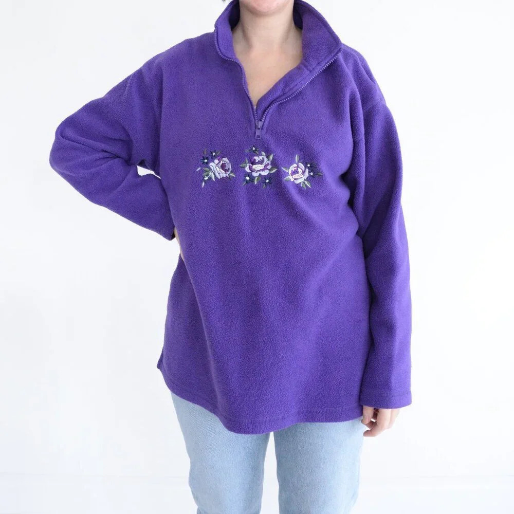 Vintage Purple Floral Embroidered Quarter Zip Cabin Ski Fleece Sweater L